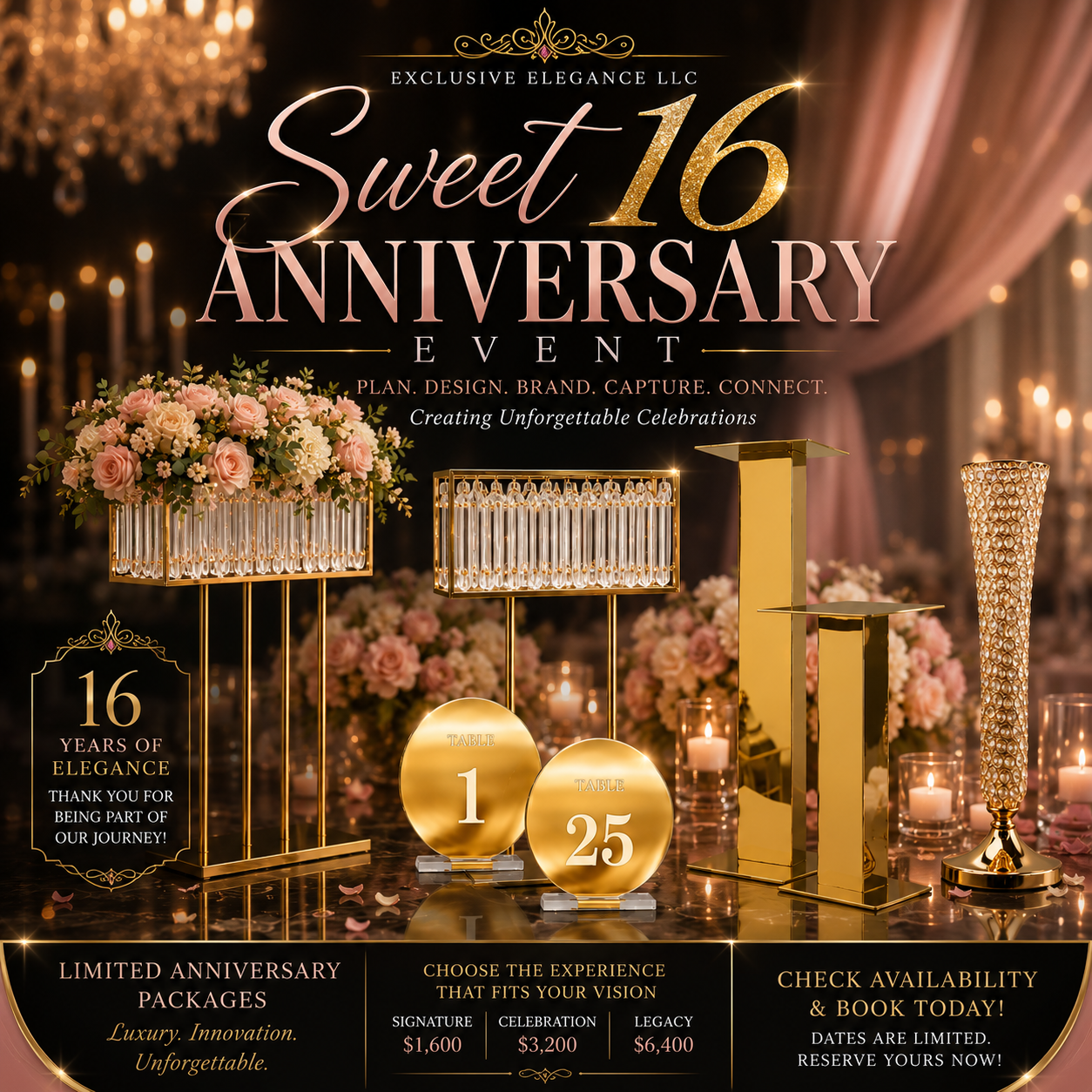 Exclusive Elegance Sweet 16 anniversary event décor with crystal vases and acrylic centerpieces